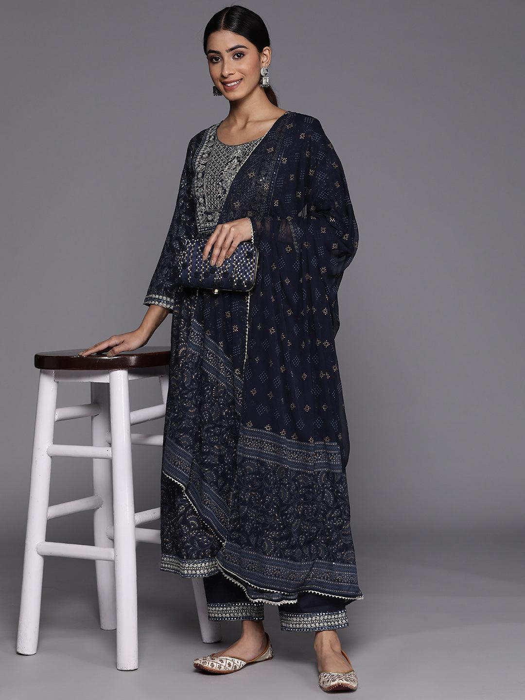 Navy Blue Yoke Design Rayon A-Line Suit Set With Trousers - ShopLibas