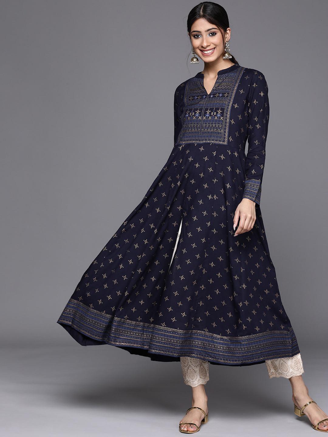 Navy Blue Yoke Design Rayon Kurta - Libas