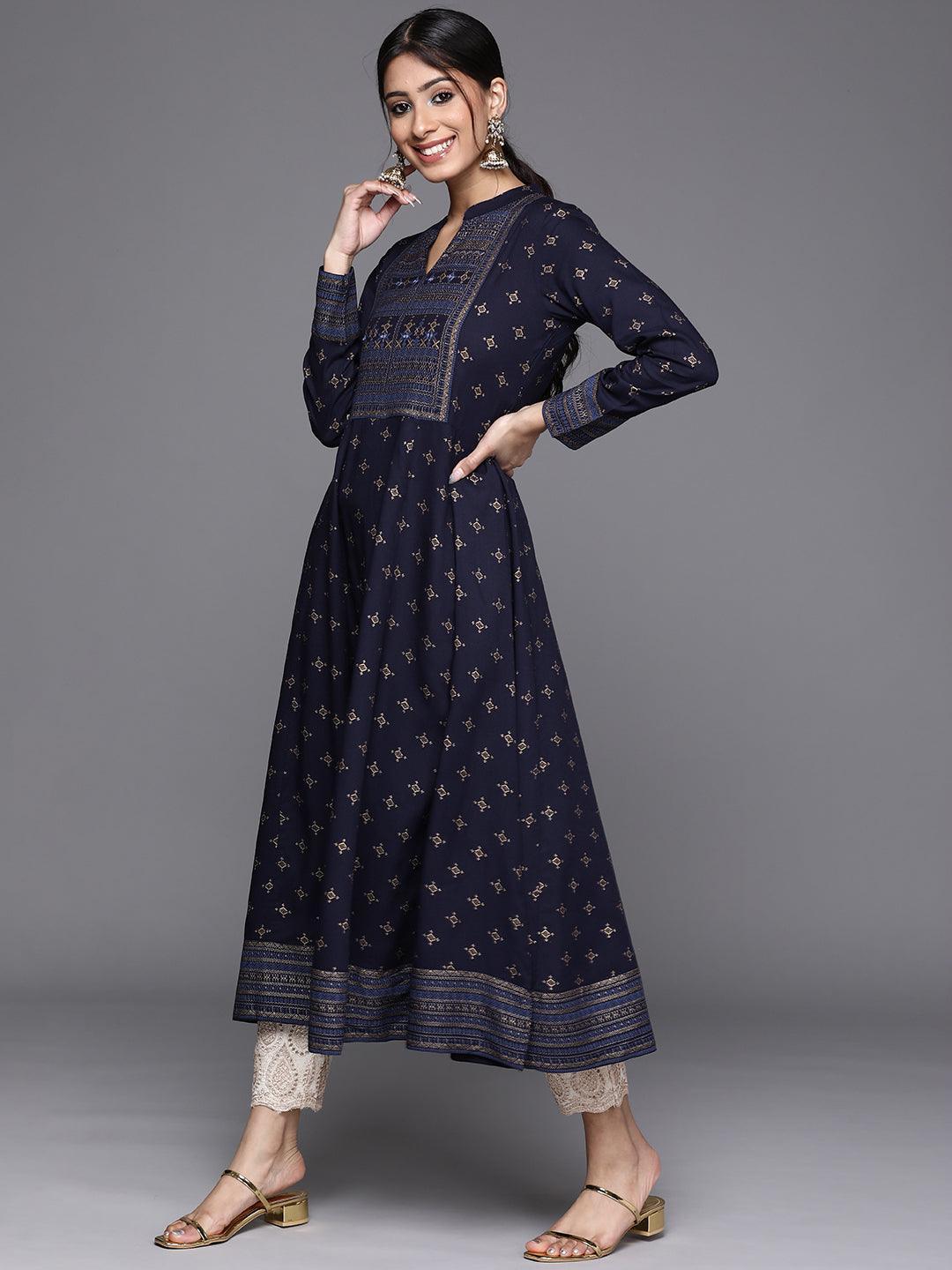 Navy Blue Yoke Design Rayon Kurta - Libas