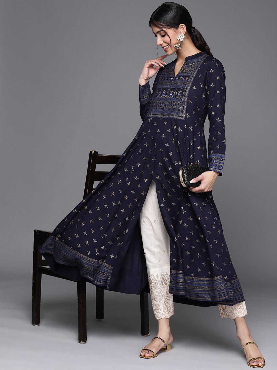 Navy Blue Yoke Design Rayon Kurta - Libas