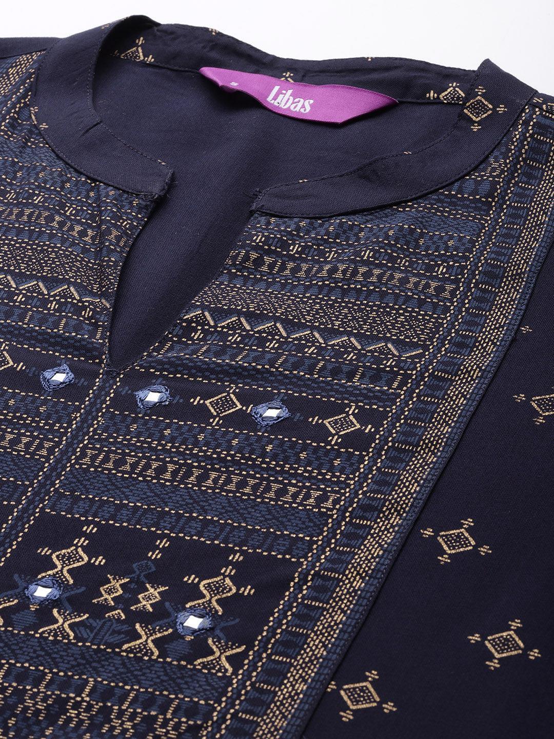 Navy Blue Yoke Design Rayon Kurta - Libas