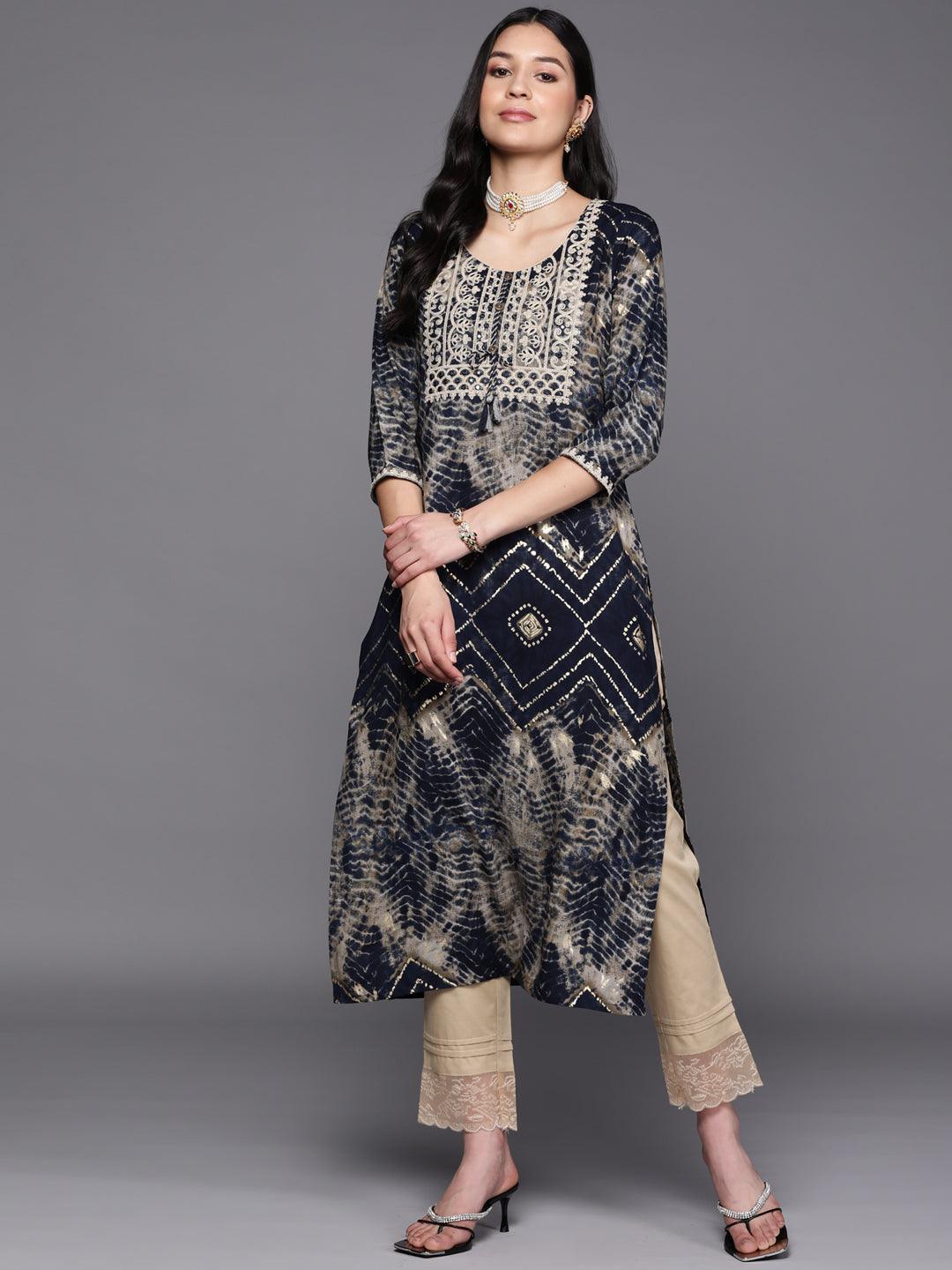 Navy Blue Yoke Design Rayon Straight Kurta - ShopLibas