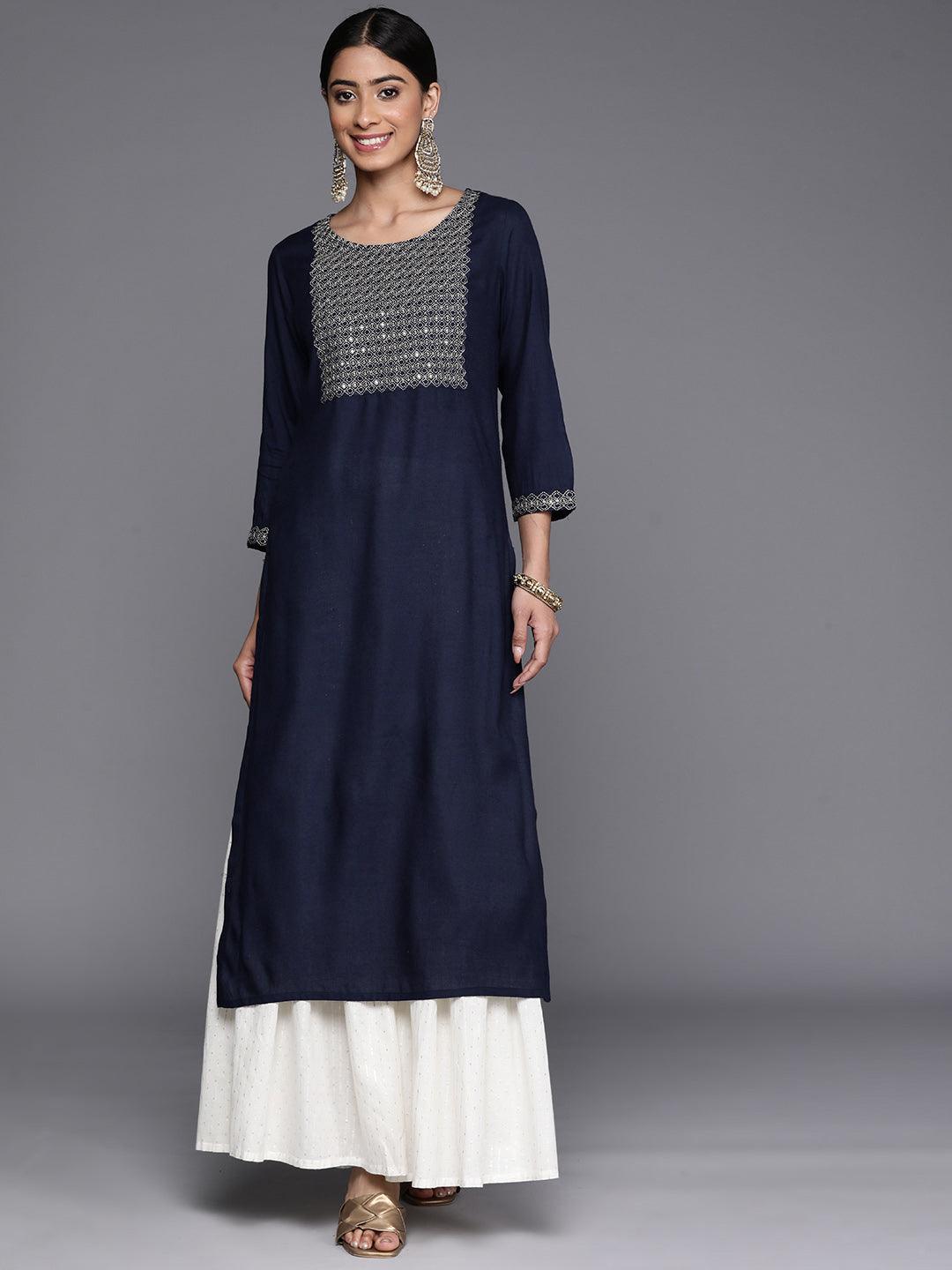 Navy Blue Yoke Design Rayon Straight Kurta - Libas