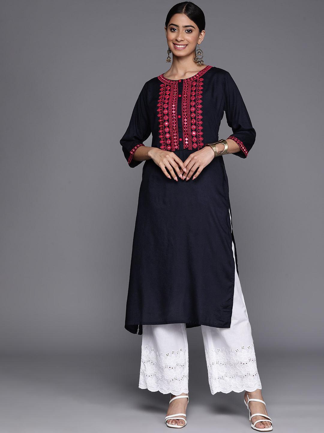 Navy Blue Yoke Design Rayon Straight Kurta - Libas