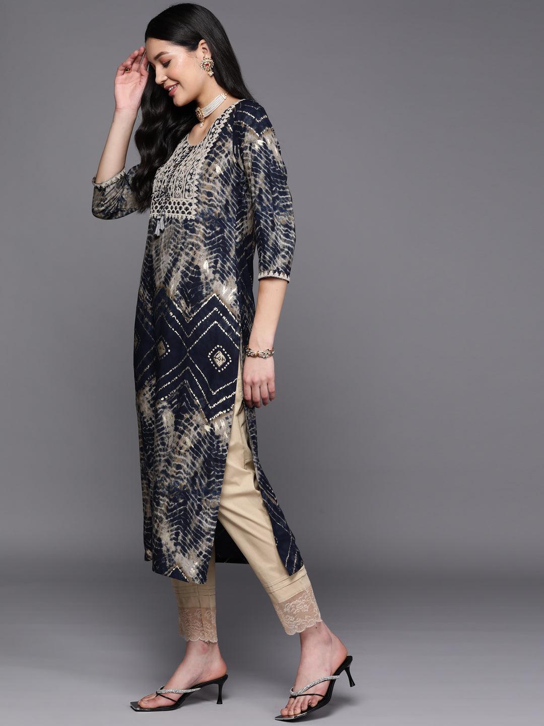 Navy Blue Yoke Design Rayon Straight Kurta - ShopLibas