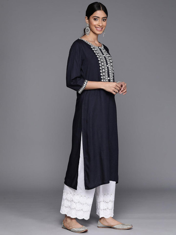 Navy Blue Yoke Design Rayon Straight Kurta - Libas