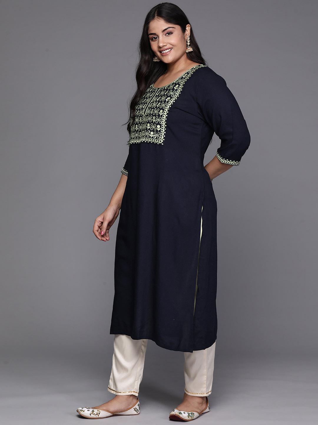 Navy Blue Yoke Design Rayon Straight Kurta - Libas