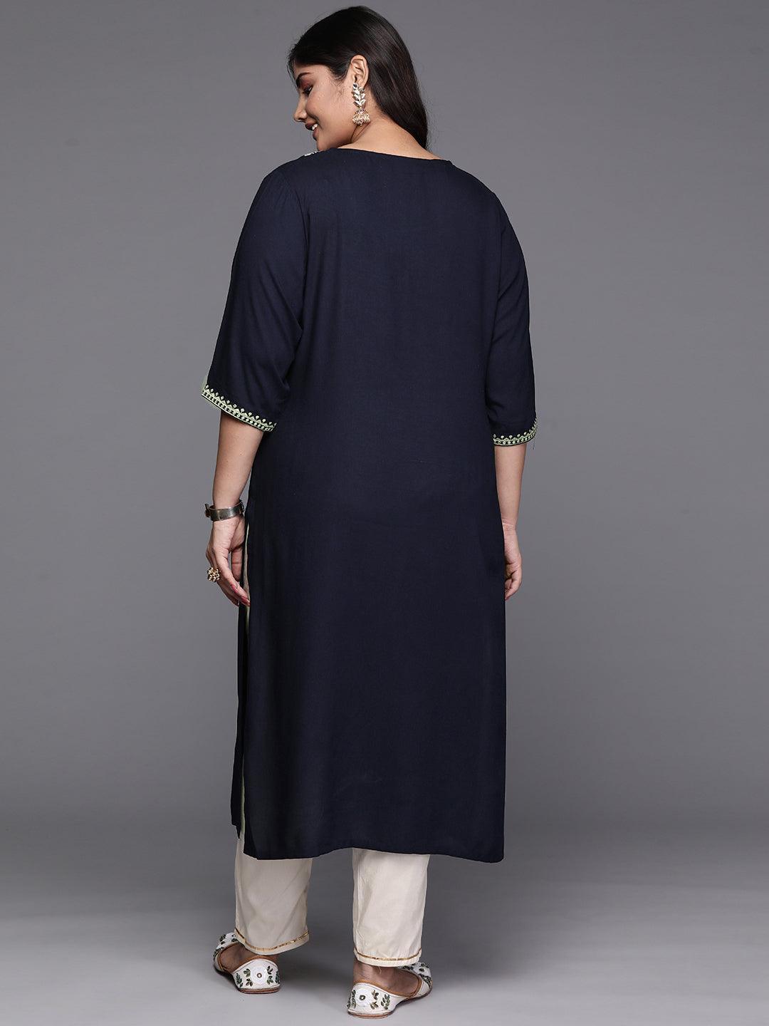 Navy Blue Yoke Design Rayon Straight Kurta - Libas