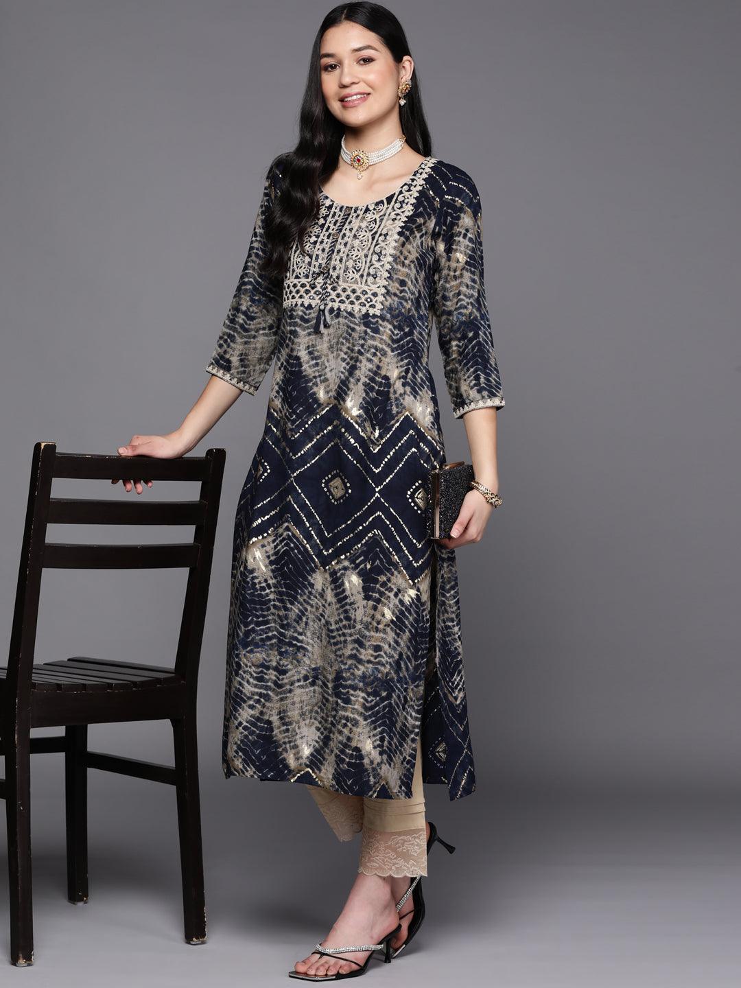 Navy Blue Yoke Design Rayon Straight Kurta - ShopLibas