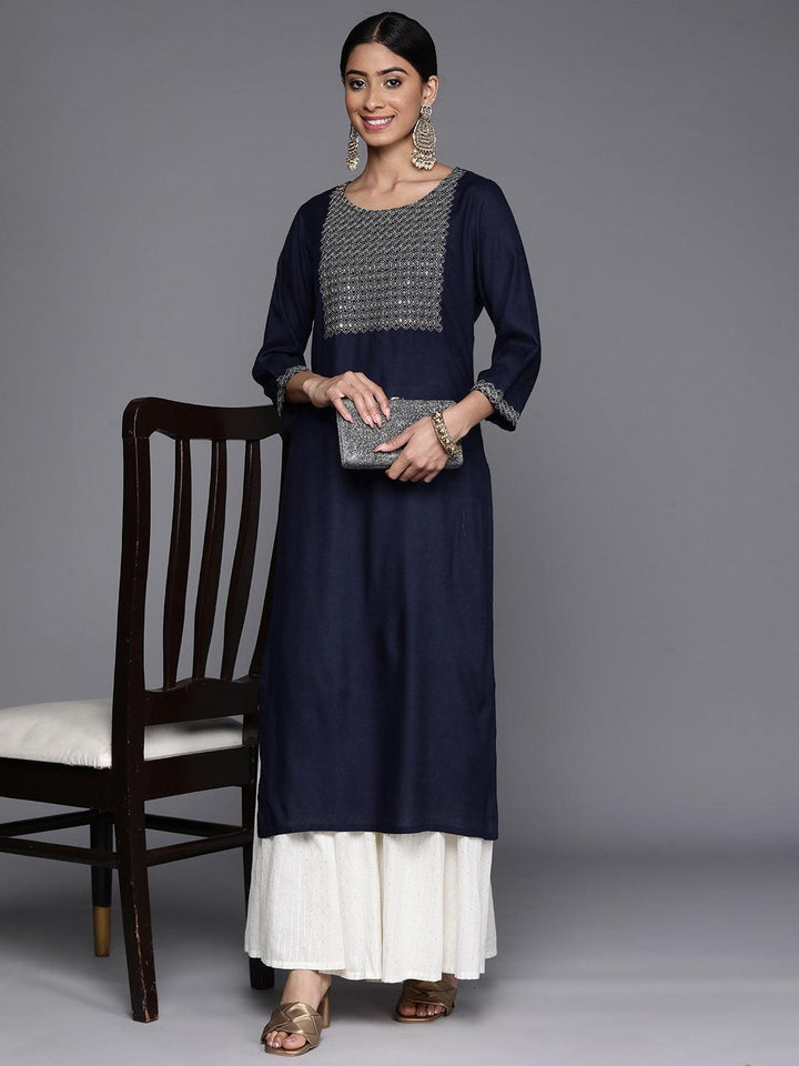 Navy Blue Yoke Design Rayon Straight Kurta - Libas