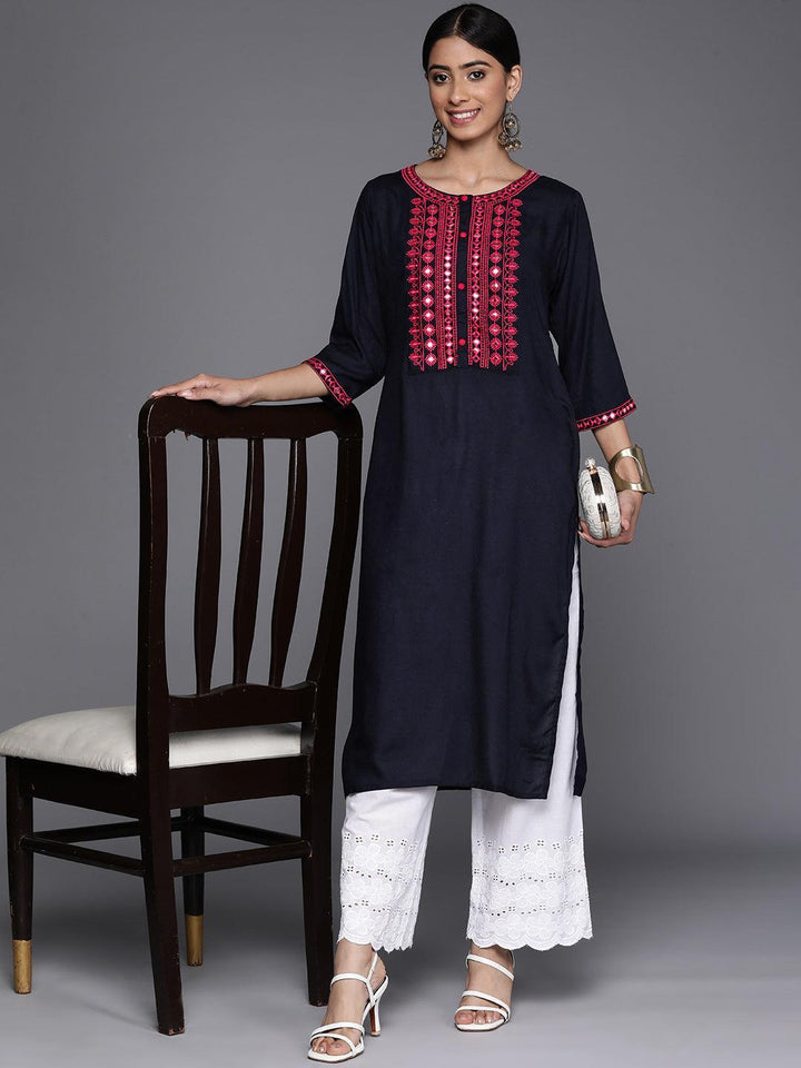 Navy Blue Yoke Design Rayon Straight Kurta - Libas