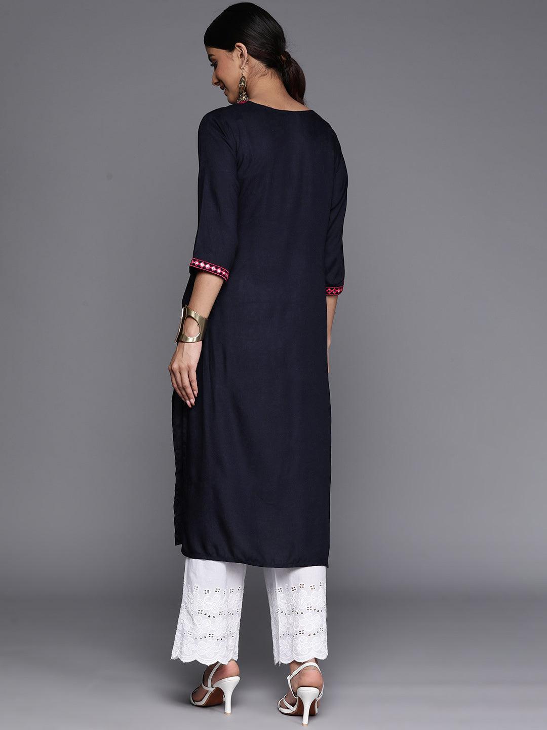 Navy Blue Yoke Design Rayon Straight Kurta - Libas