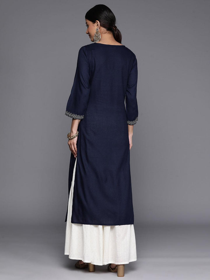 Navy Blue Yoke Design Rayon Straight Kurta - Libas