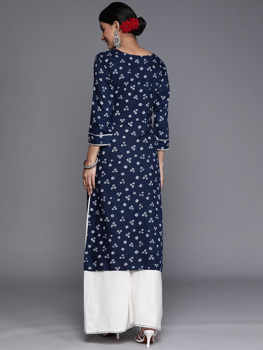 Navy Blue Yoke Design Rayon Straight Kurta - Libas