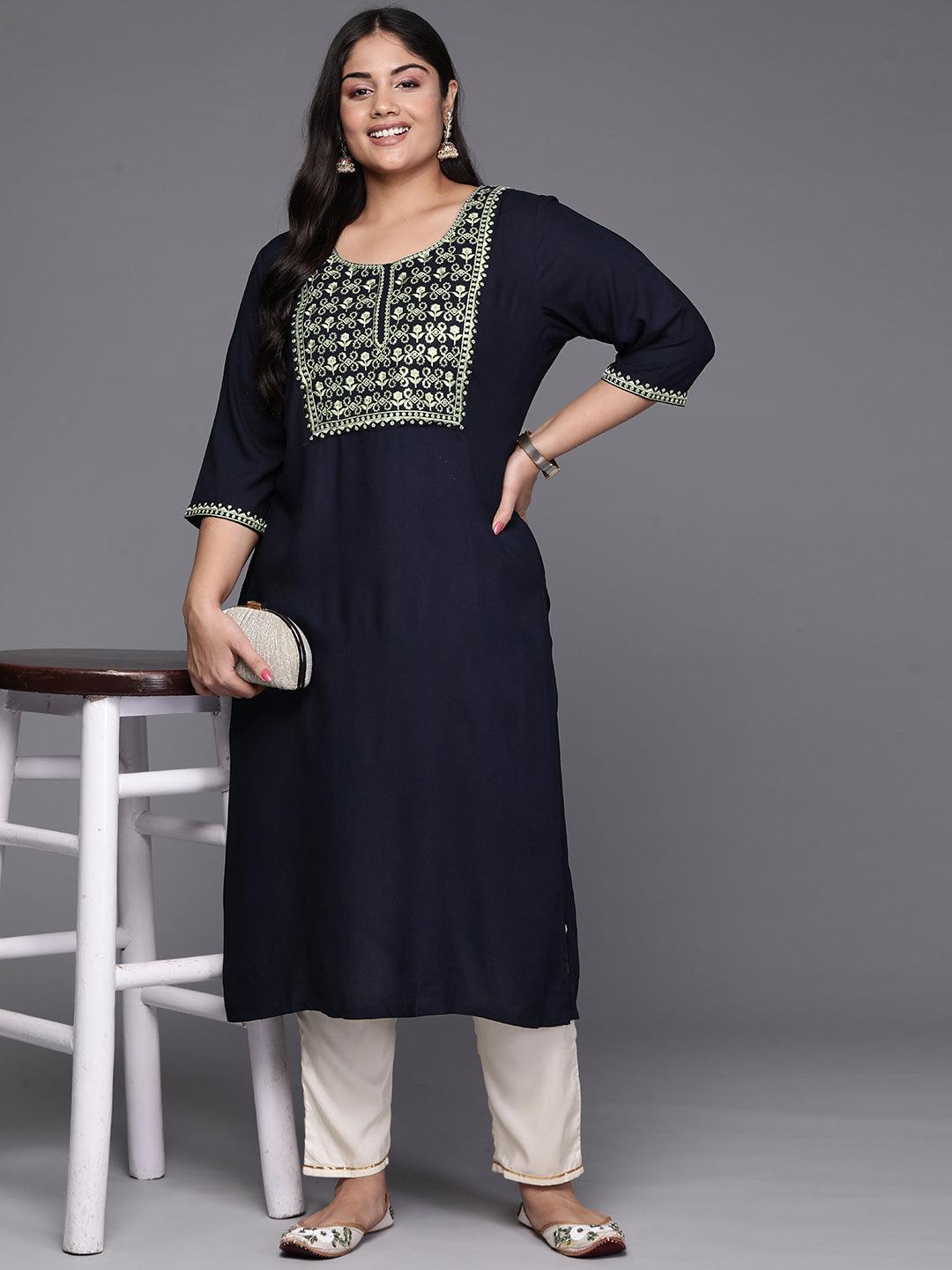 Navy Blue Yoke Design Rayon Straight Kurta - Libas