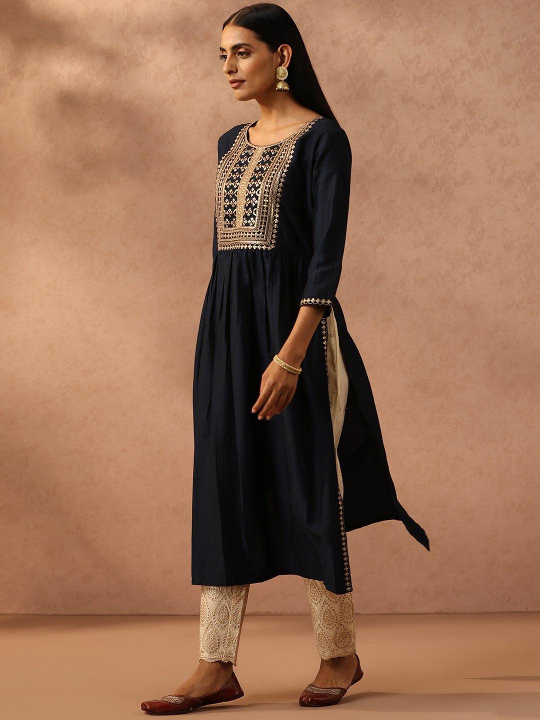 Navy Blue Yoke Design Silk A-Line Kurta