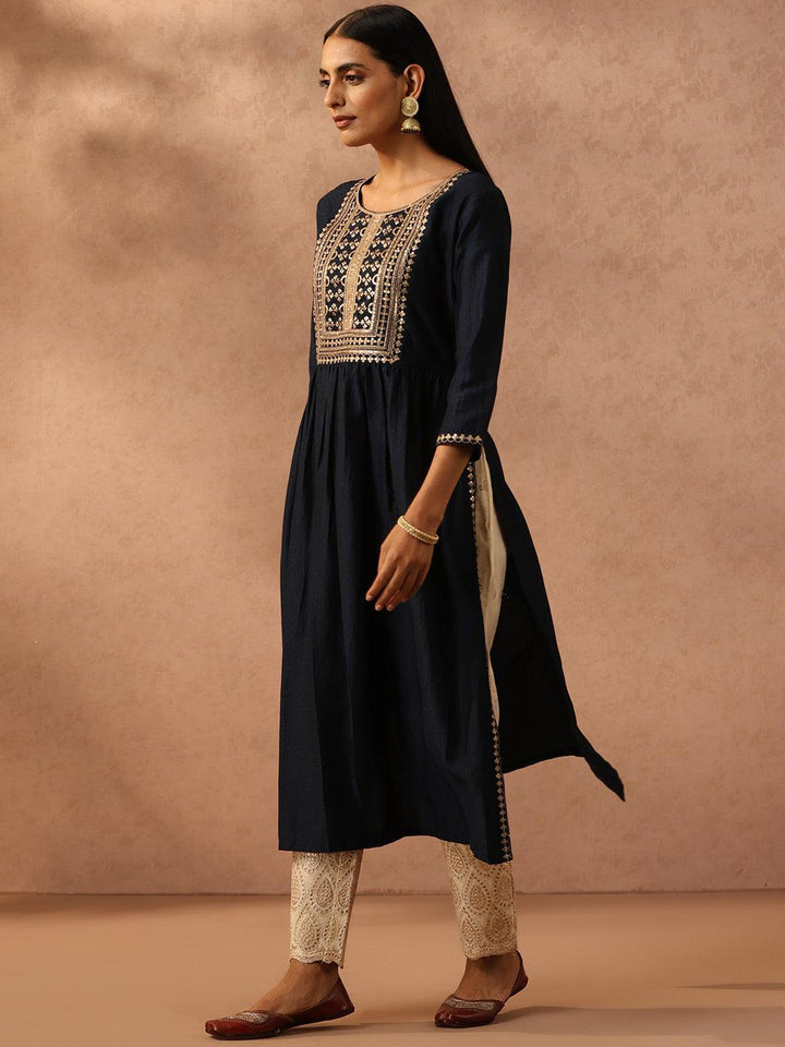 Navy Blue Yoke Design Silk A-Line Kurta - ShopLibas