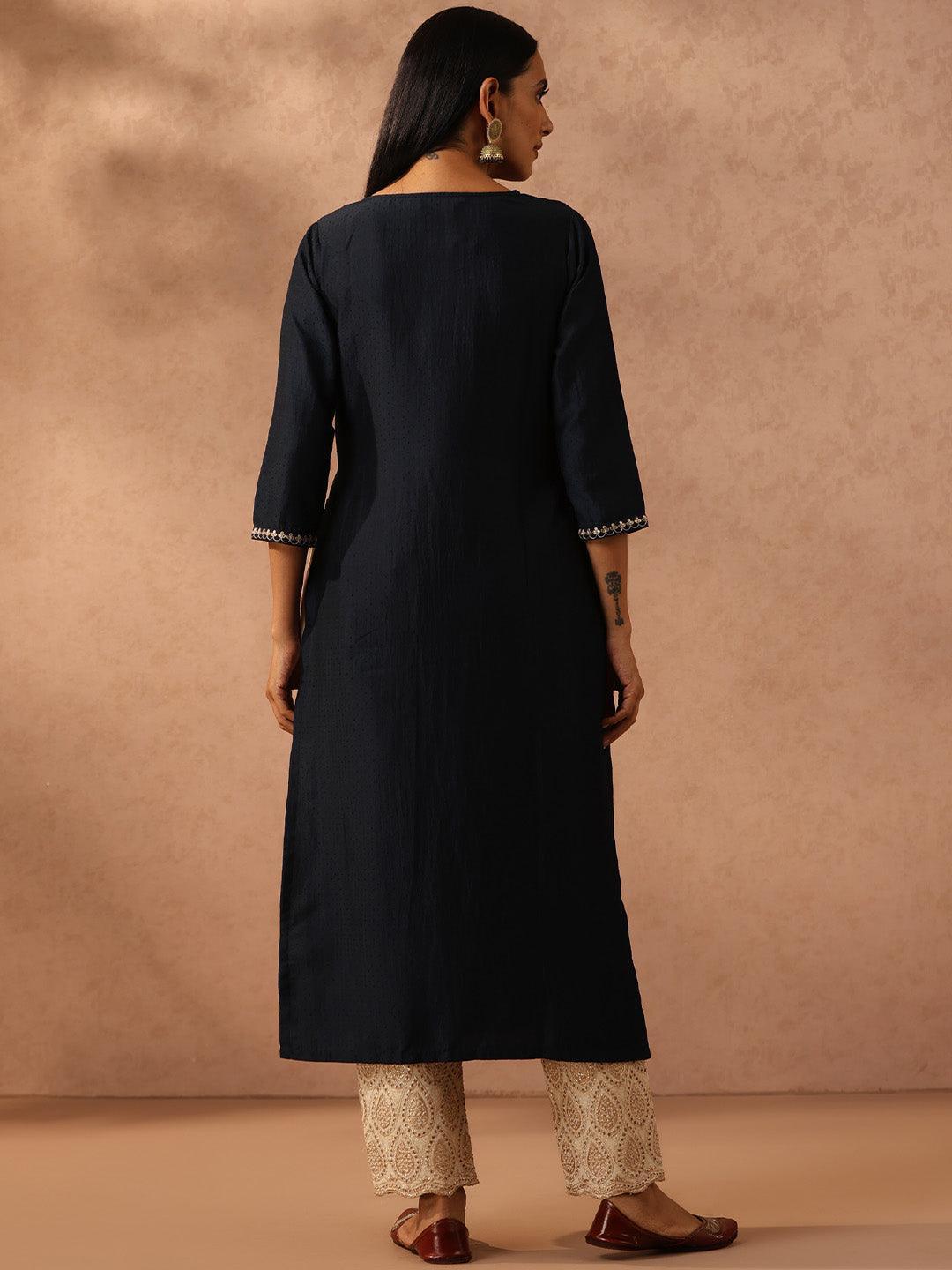 Navy Blue Yoke Design Silk A-Line Kurta