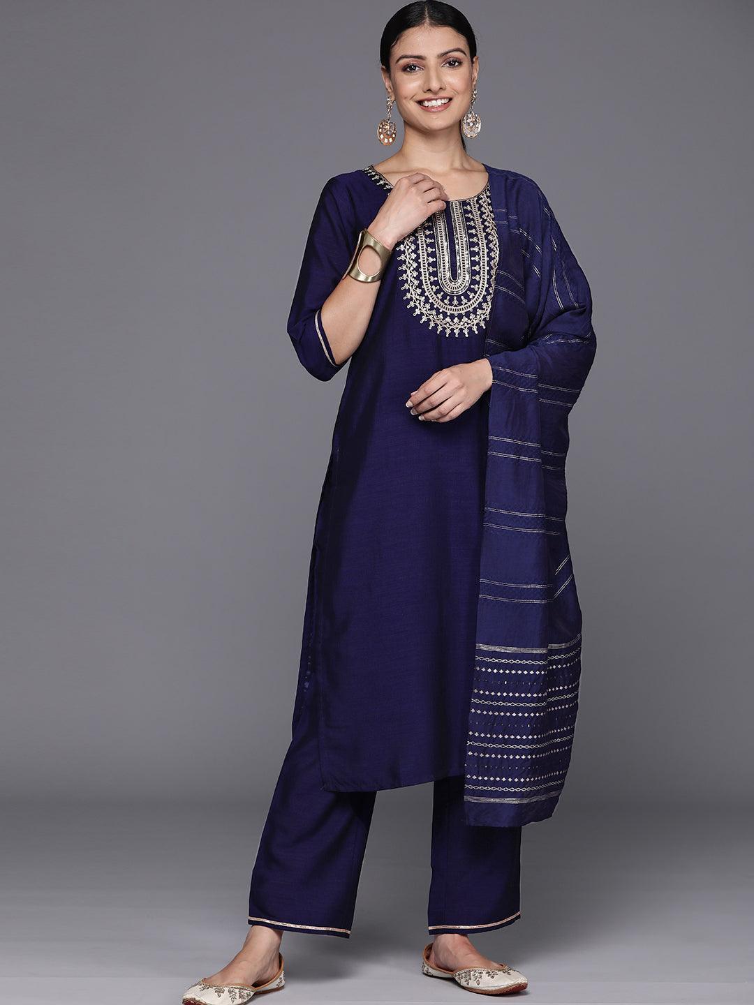 Navy Blue Yoke Design Silk Blend Straight Kurta With Trousers & Dupatta