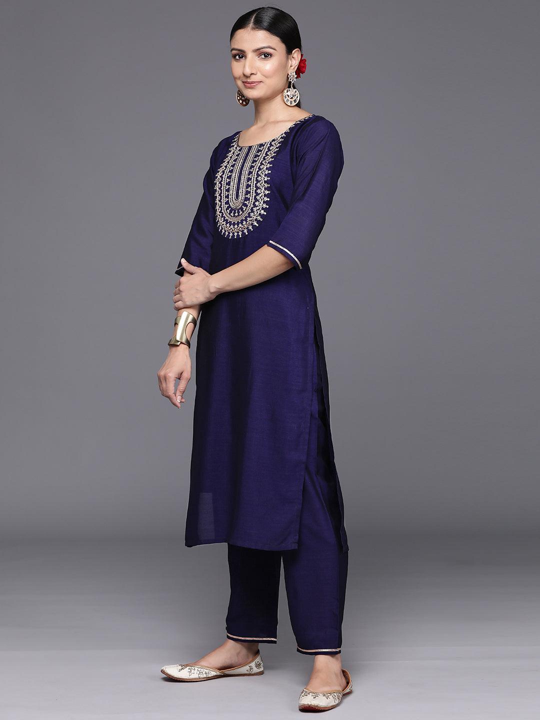 Navy Blue Yoke Design Silk Blend Straight Kurta With Trousers & Dupatta