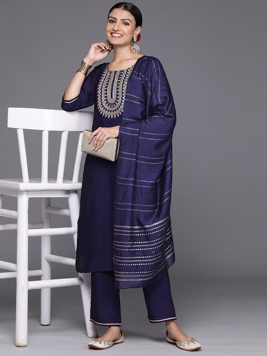 Navy Blue Yoke Design Silk Blend Straight Kurta With Trousers & Dupatta