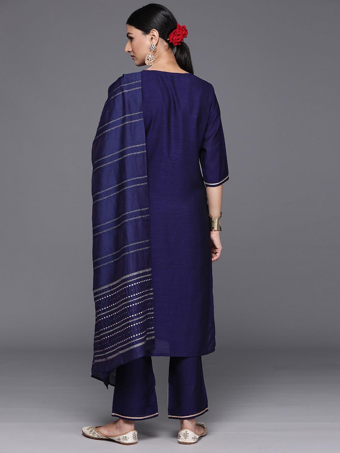 Navy Blue Yoke Design Silk Blend Straight Kurta With Trousers & Dupatta