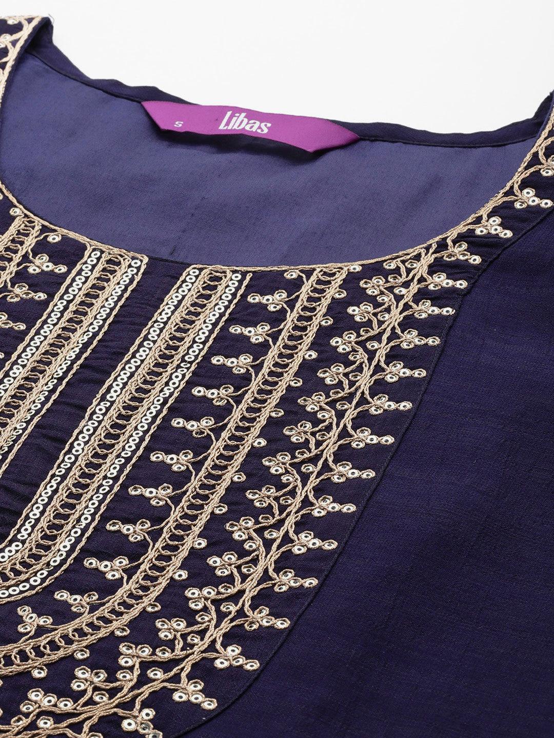 Navy Blue Yoke Design Silk Blend Straight Kurta With Trousers & Dupatta