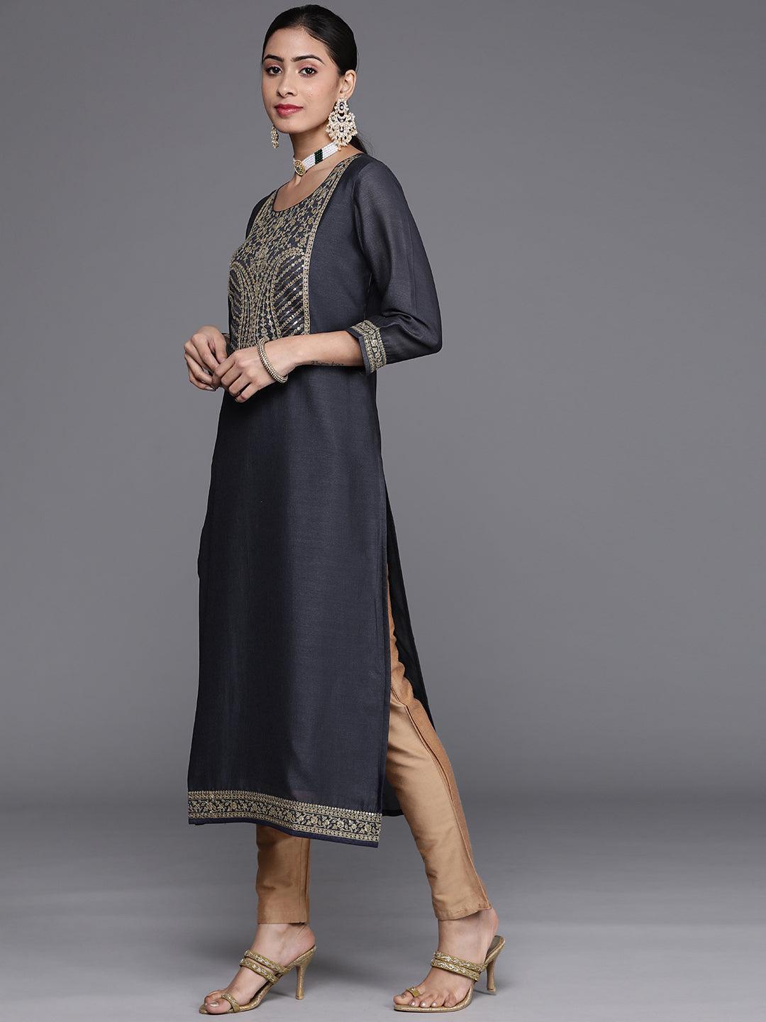 Navy Blue Yoke Design Silk Kurta