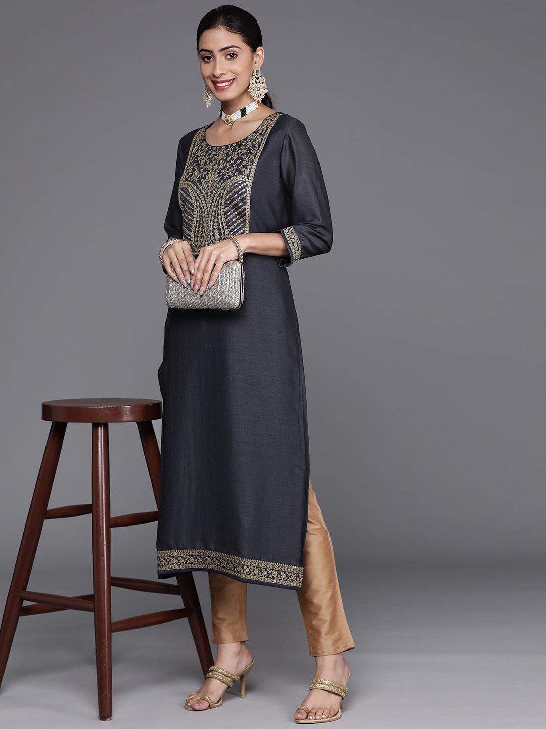 Navy Blue Yoke Design Silk Kurta