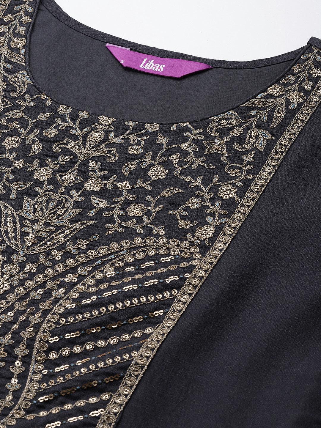 Navy Blue Yoke Design Silk Kurta