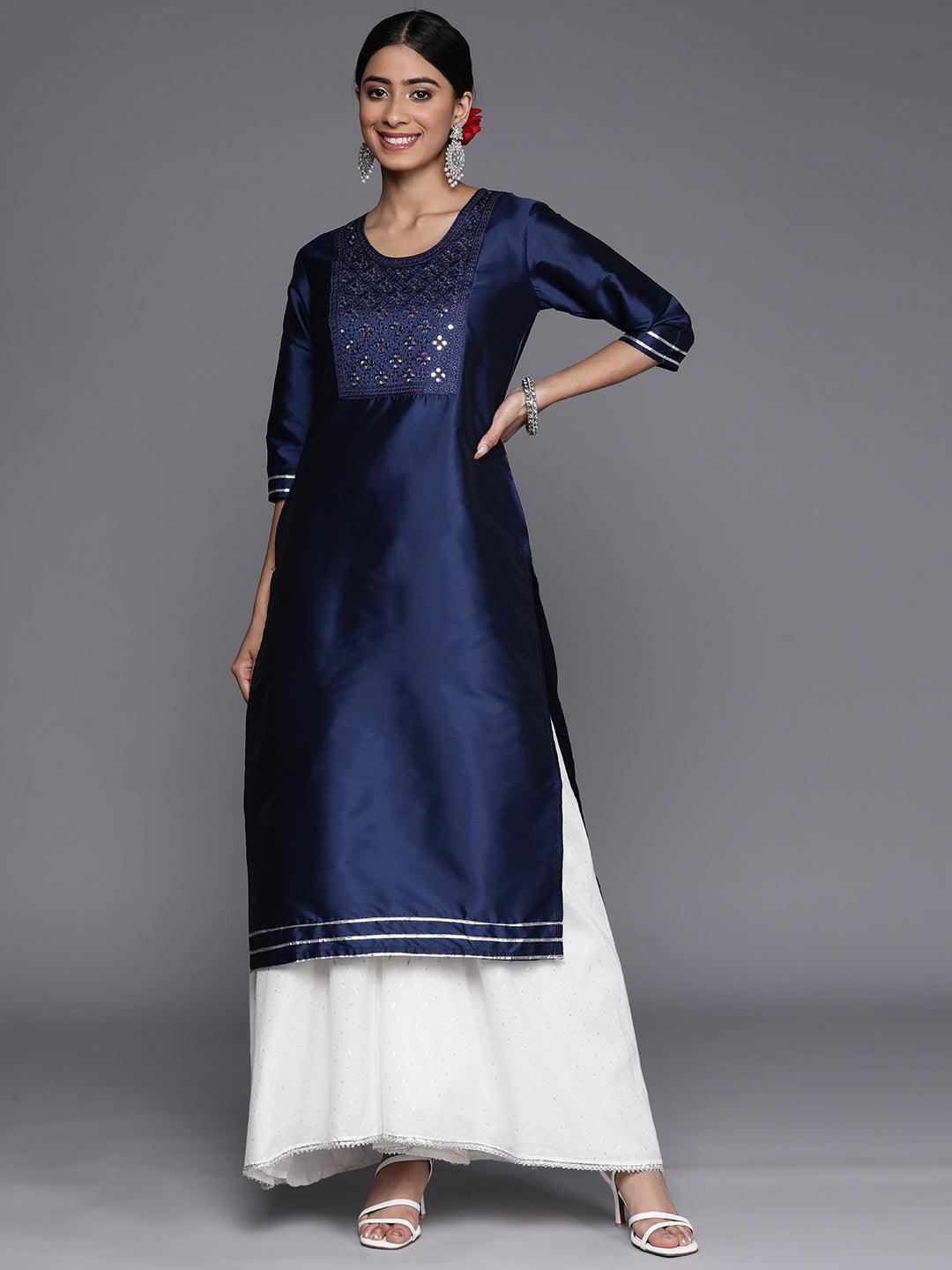 Navy Blue Yoke Design Silk Straight Kurta