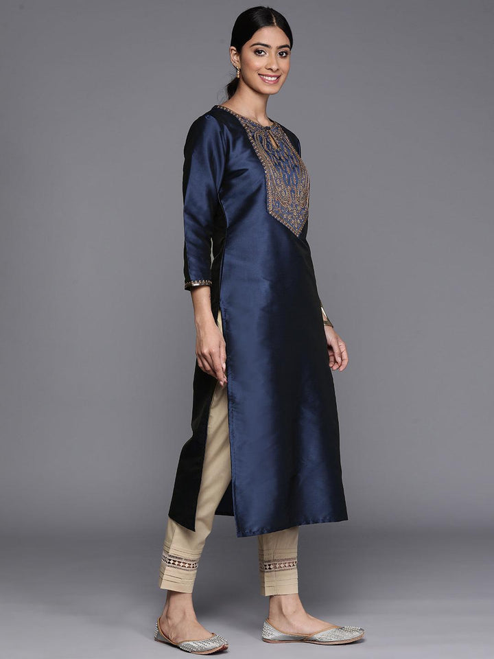 Navy Blue Yoke Design Silk Straight Kurta - Libas