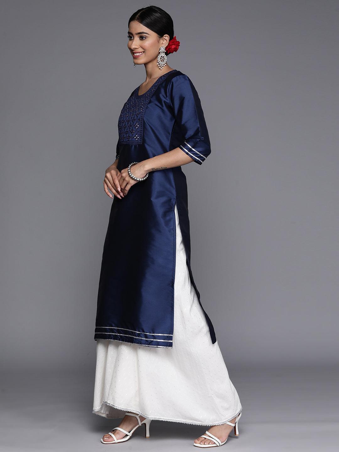 Navy Blue Yoke Design Silk Straight Kurta