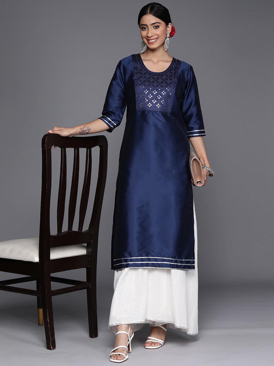 Navy Blue Yoke Design Silk Straight Kurta