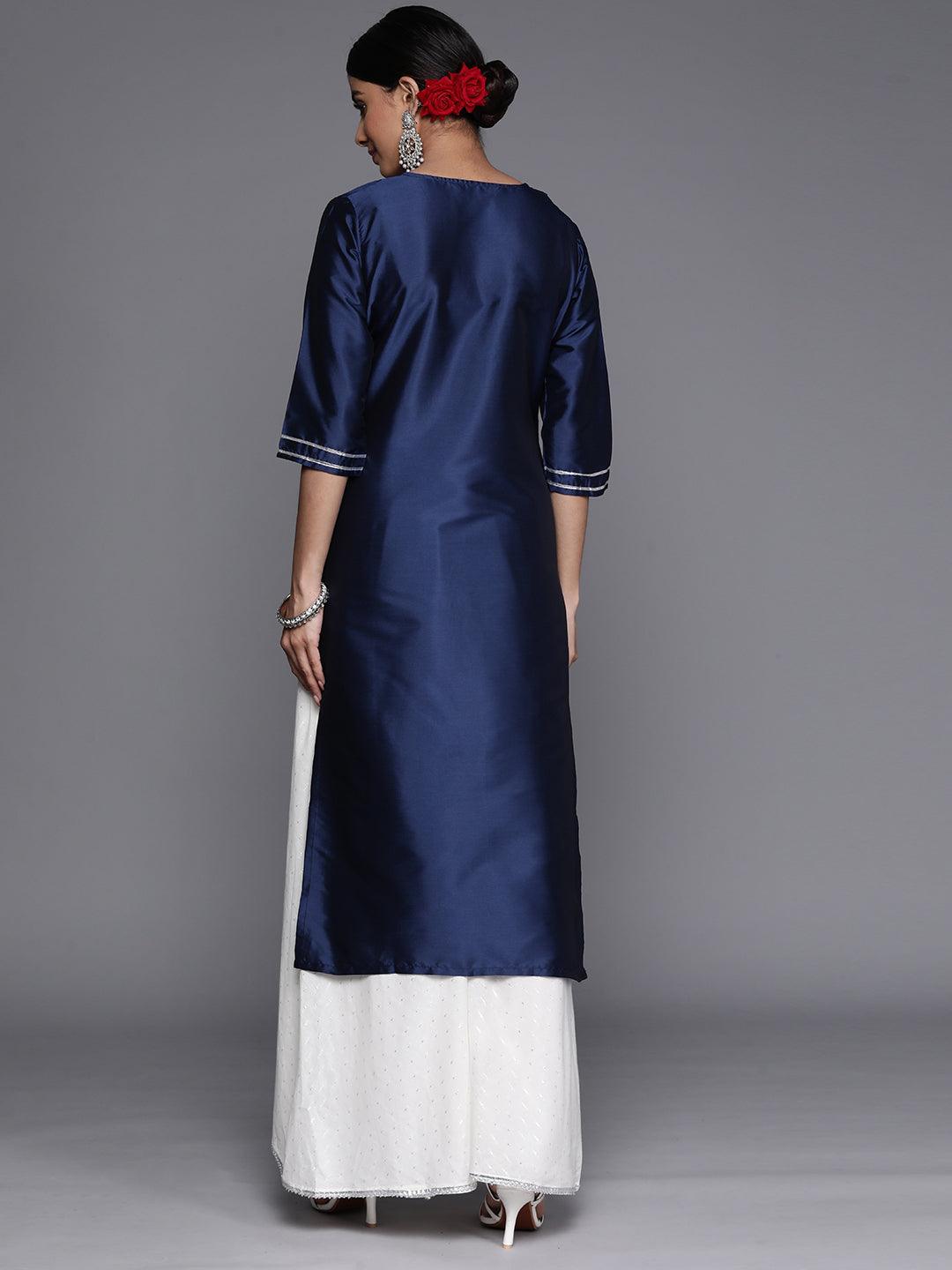 Navy Blue Yoke Design Silk Straight Kurta