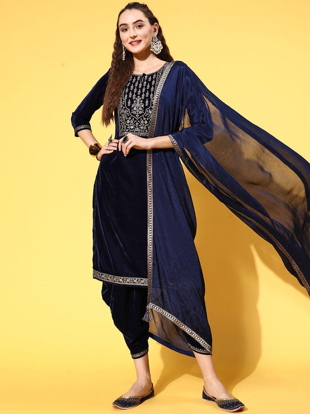 Navy Blue Yoke Design Velvet Straight Suit Set