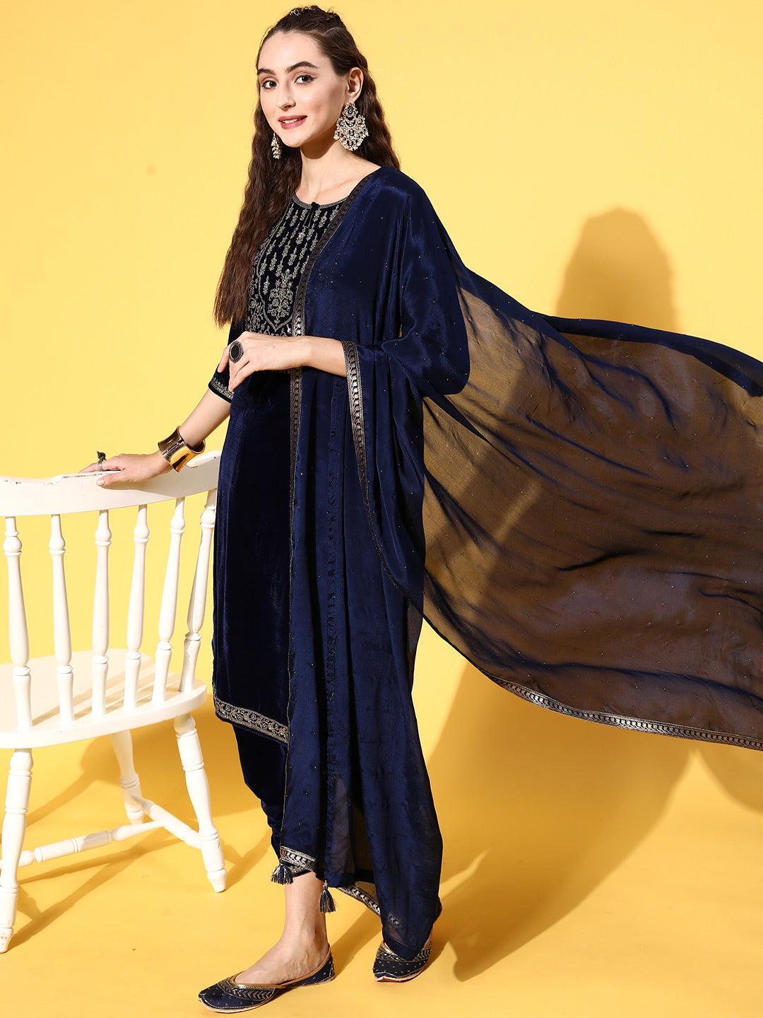 Navy Blue Yoke Design Velvet Straight Suit Set