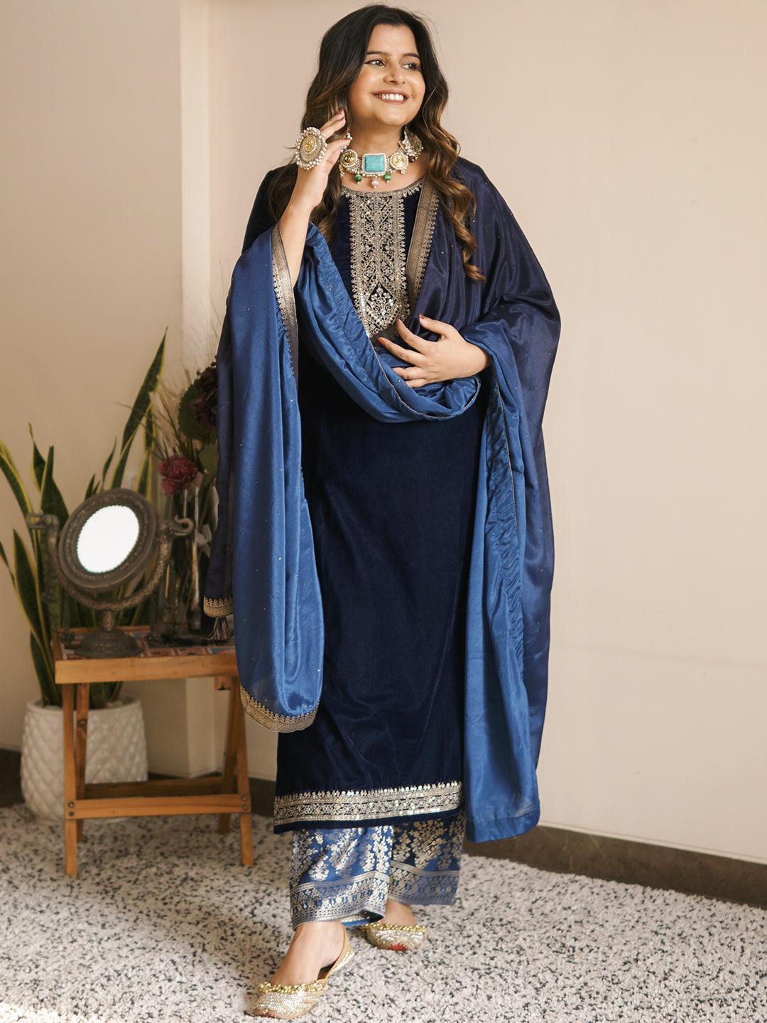 Navy Blue Yoke Design Velvet Straight Suit Set