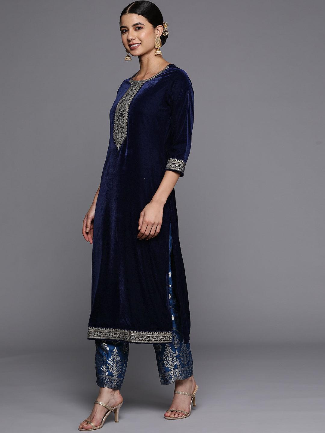 Navy Blue Yoke Design Velvet Straight Suit Set - ShopLibas