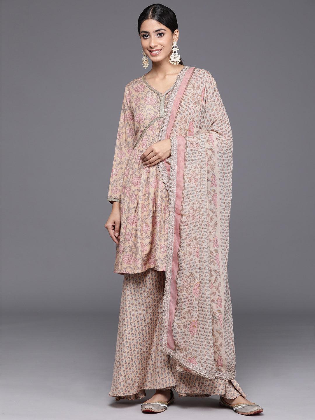 Nude Printed Silk Blend A-Line Kurta With Sharara & Dupatta - Libas