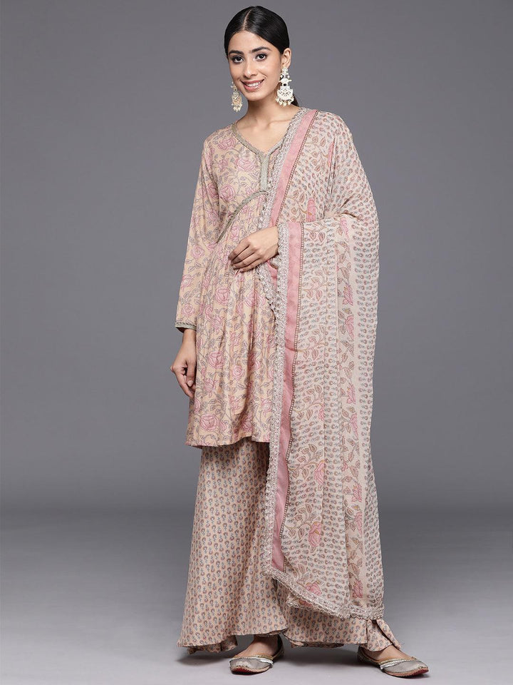 Nude Printed Silk Blend A-Line Kurta With Sharara & Dupatta - Libas