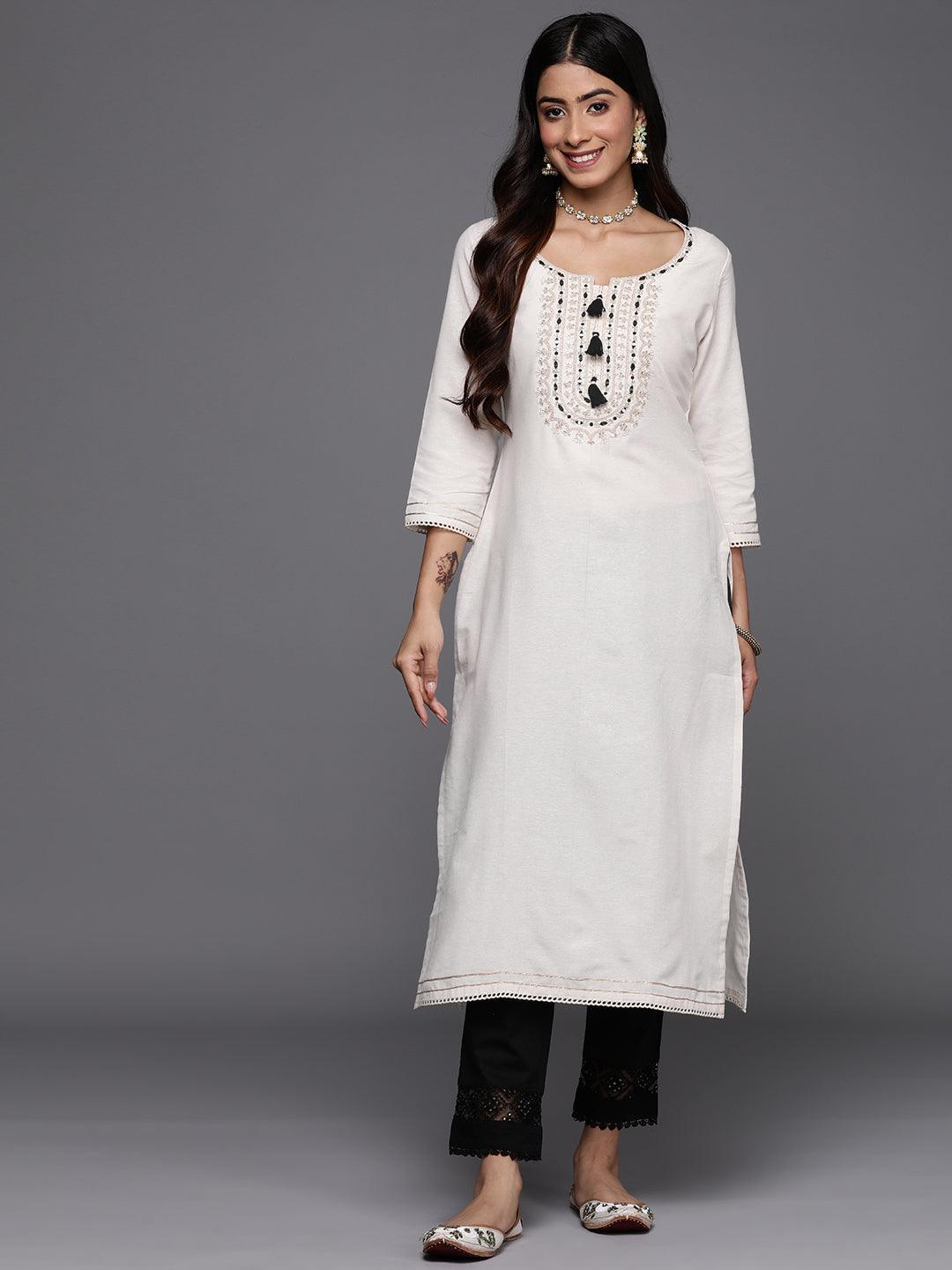 Off White Embellished Cotton Straight Kurta - ShopLibas