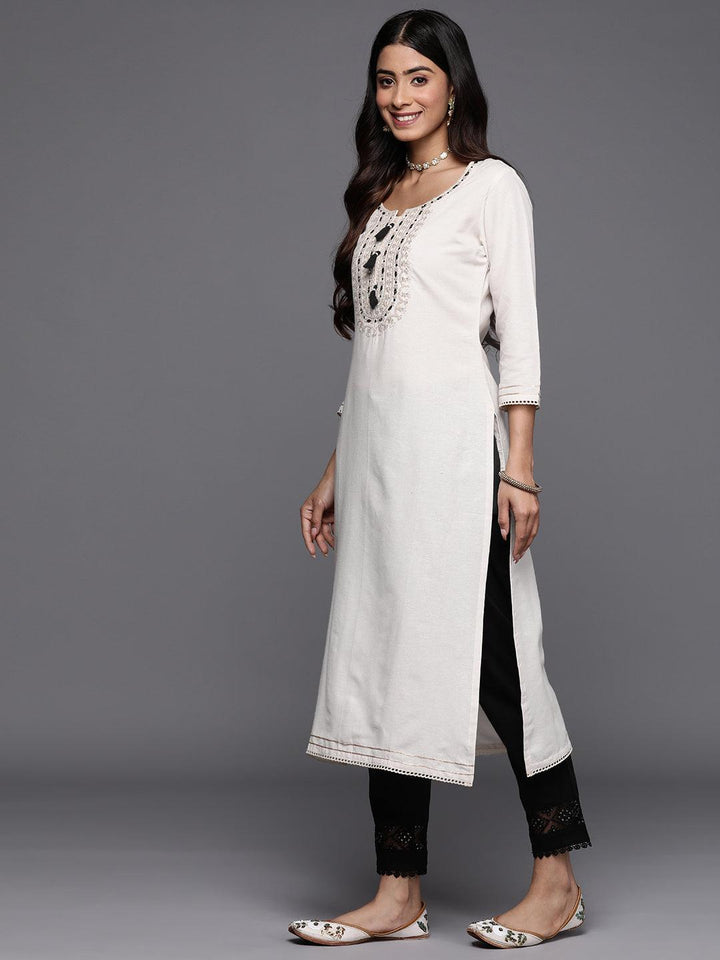 Off White Embellished Cotton Straight Kurta - ShopLibas