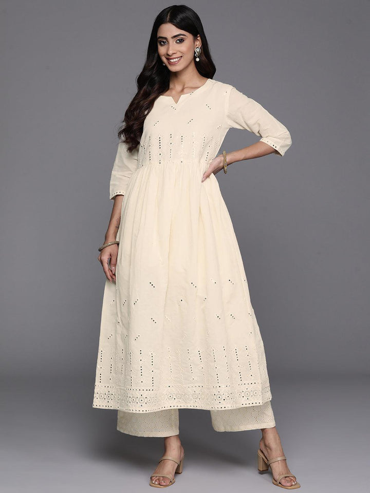 Off White Embroidered Cotton A-Line Kurta - Libas