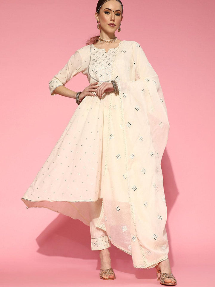 Off White Embroidered Cotton Suit Set - ShopLibas