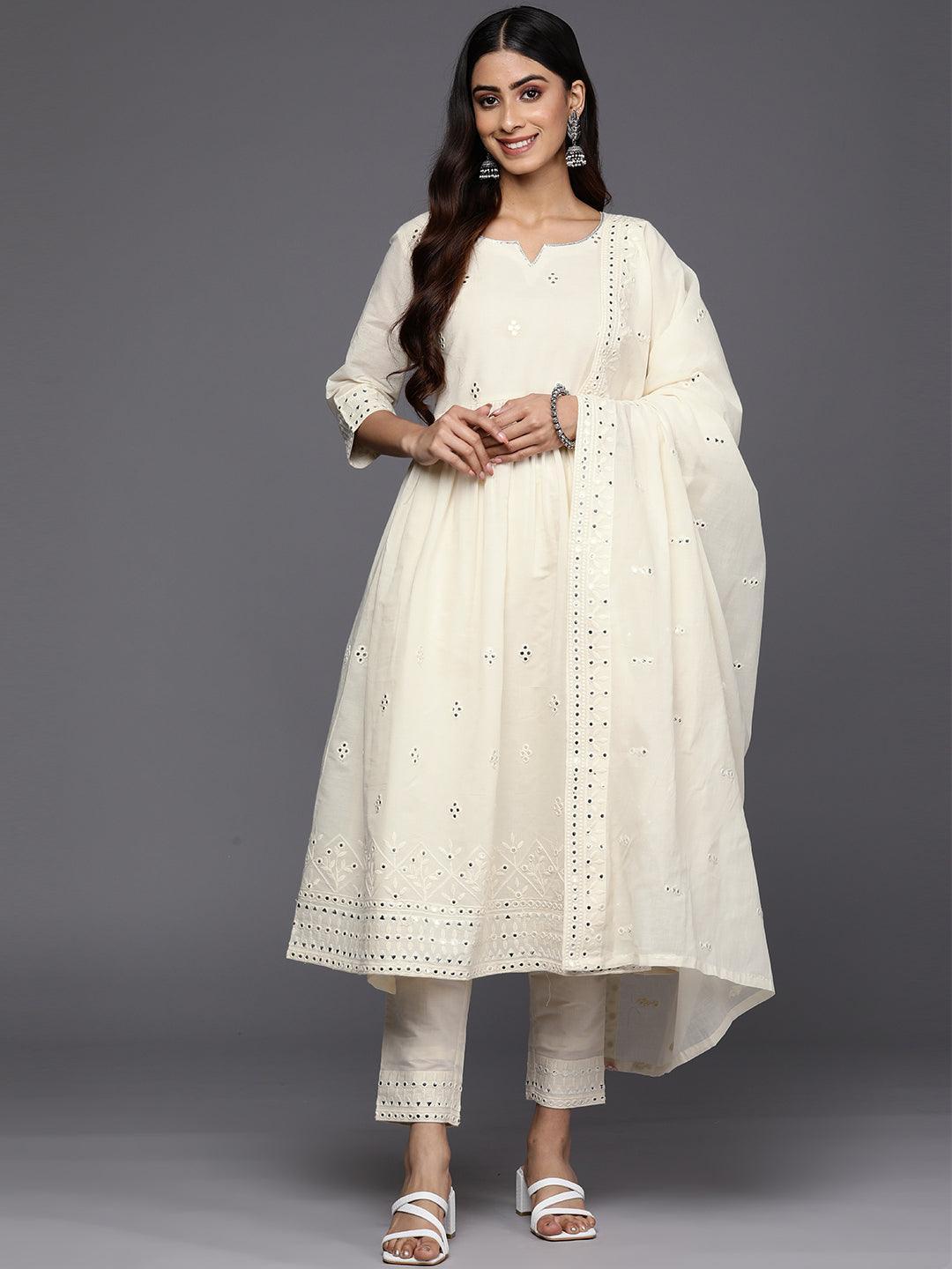 Off White Embroidered Cotton Anarkali Suit Set With Trousers - ShopLibas