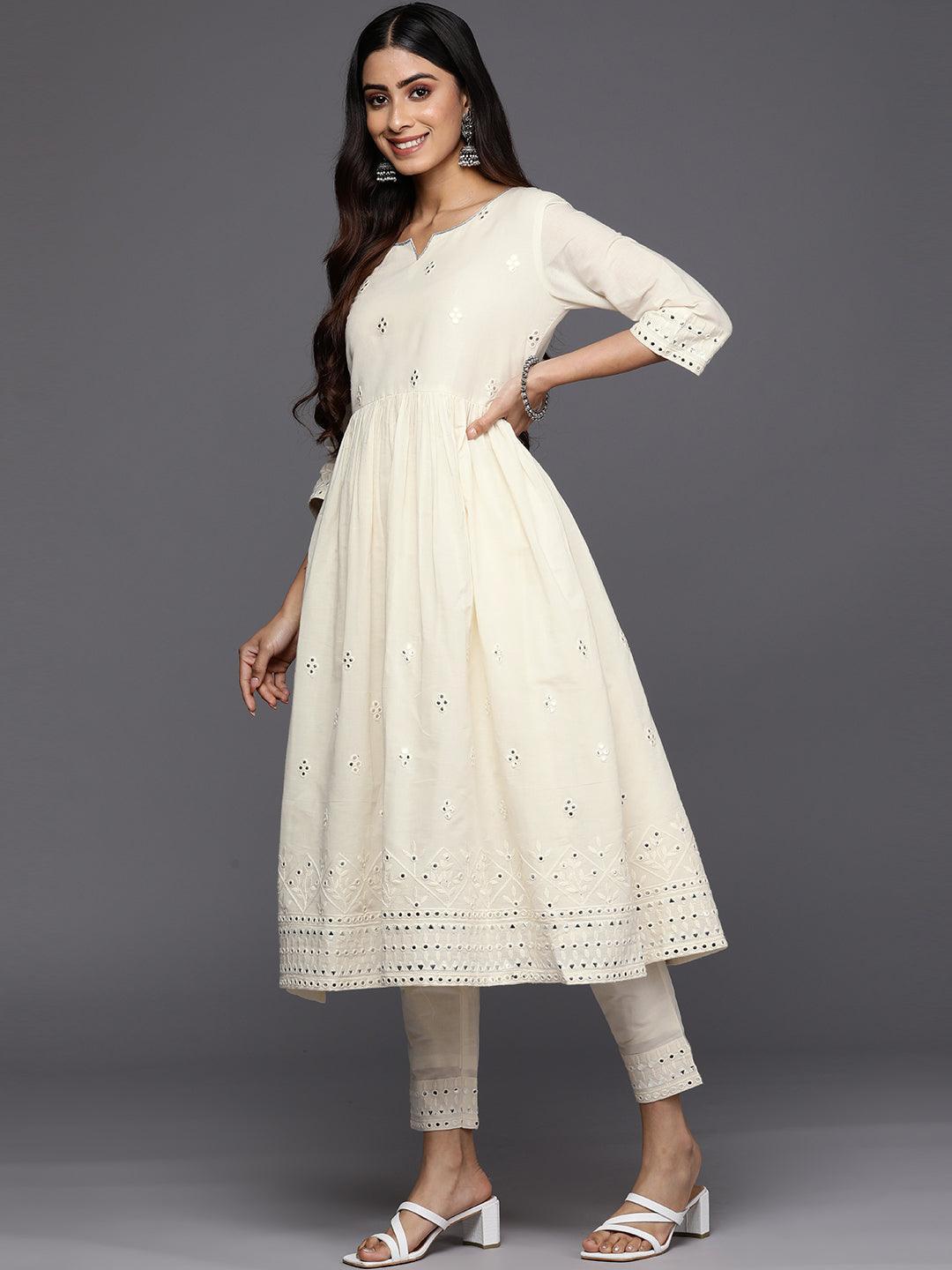 Off White Embroidered Cotton Anarkali Suit Set With Trousers - ShopLibas