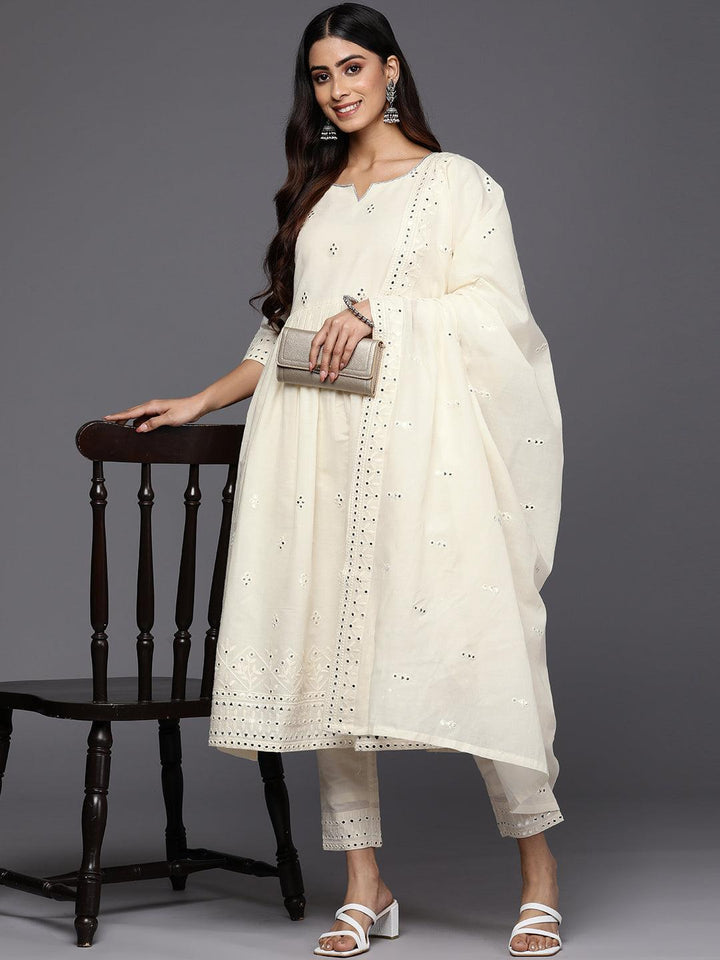 Off White Embroidered Cotton Anarkali Suit Set With Trousers - ShopLibas