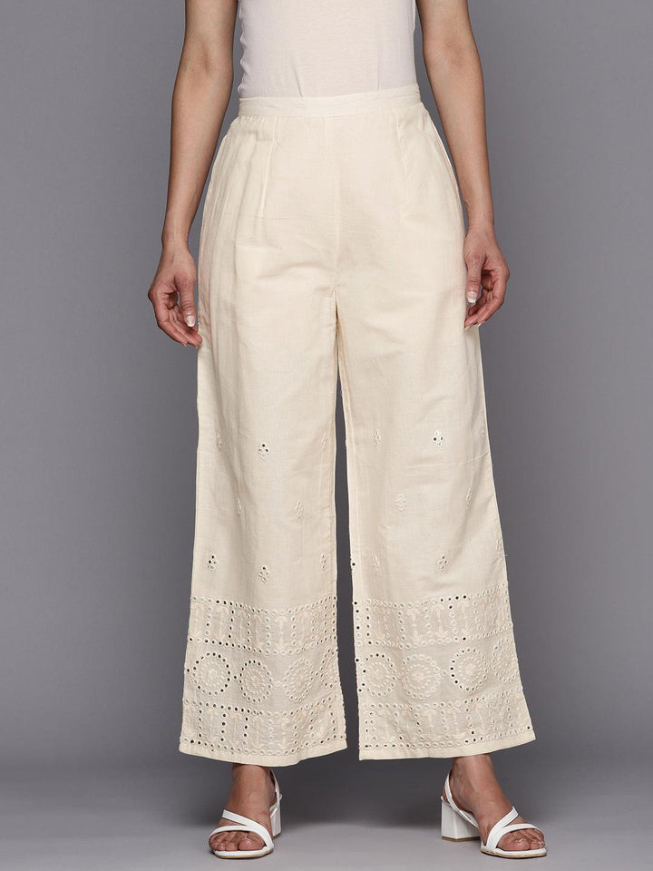 Off White Embroidered Cotton Palazzos - ShopLibas