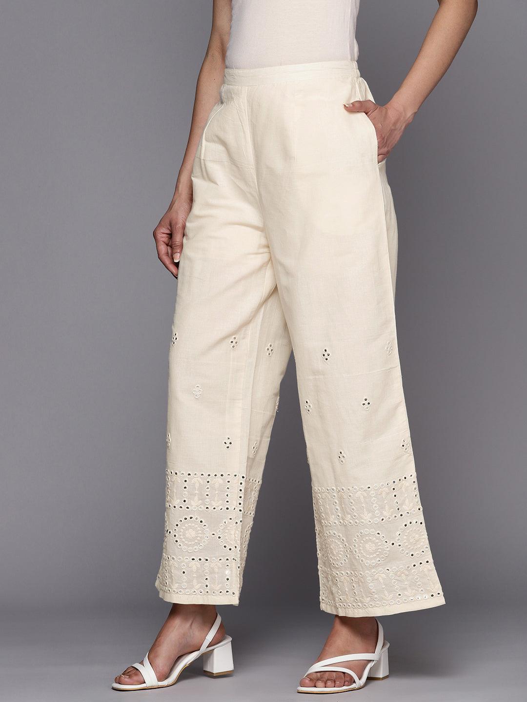 Off White Embroidered Cotton Palazzos - ShopLibas